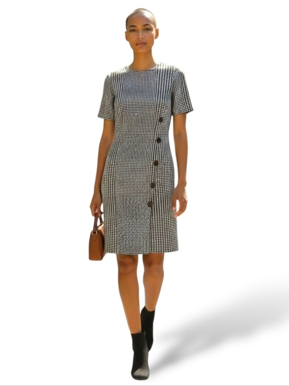 DKNY Womens Black & White Gingham Houndstooth Plaid Midi Dress w/Side Buttons, 4